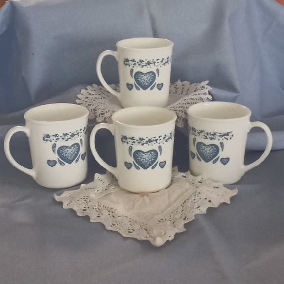 Vintage Corelle Set of 4 Blue Hearts Coffee Cups. Excellent condition . - Picture 1 of 7